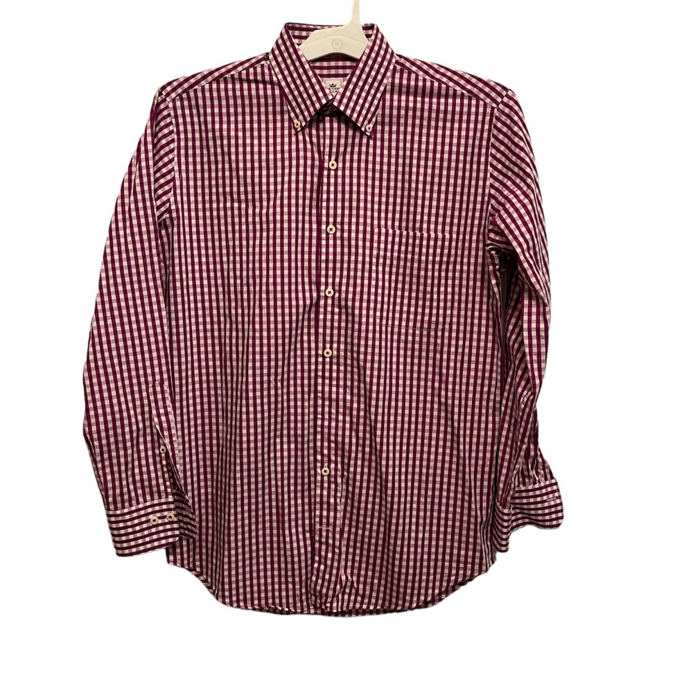 Peter Millar, button-down dress shirt, medium, 100% cotton, purple, white check